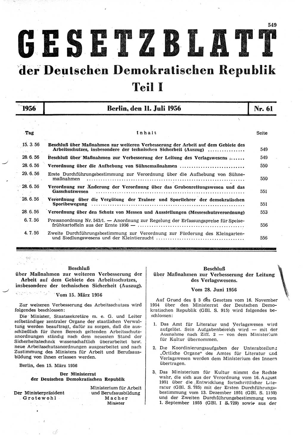Gesetzblatt (GBl.) der Deutschen Demokratischen Republik (DDR) Teil Ⅰ 1956, Seite 549 (GBl. DDR Ⅰ 1956, S. 549)