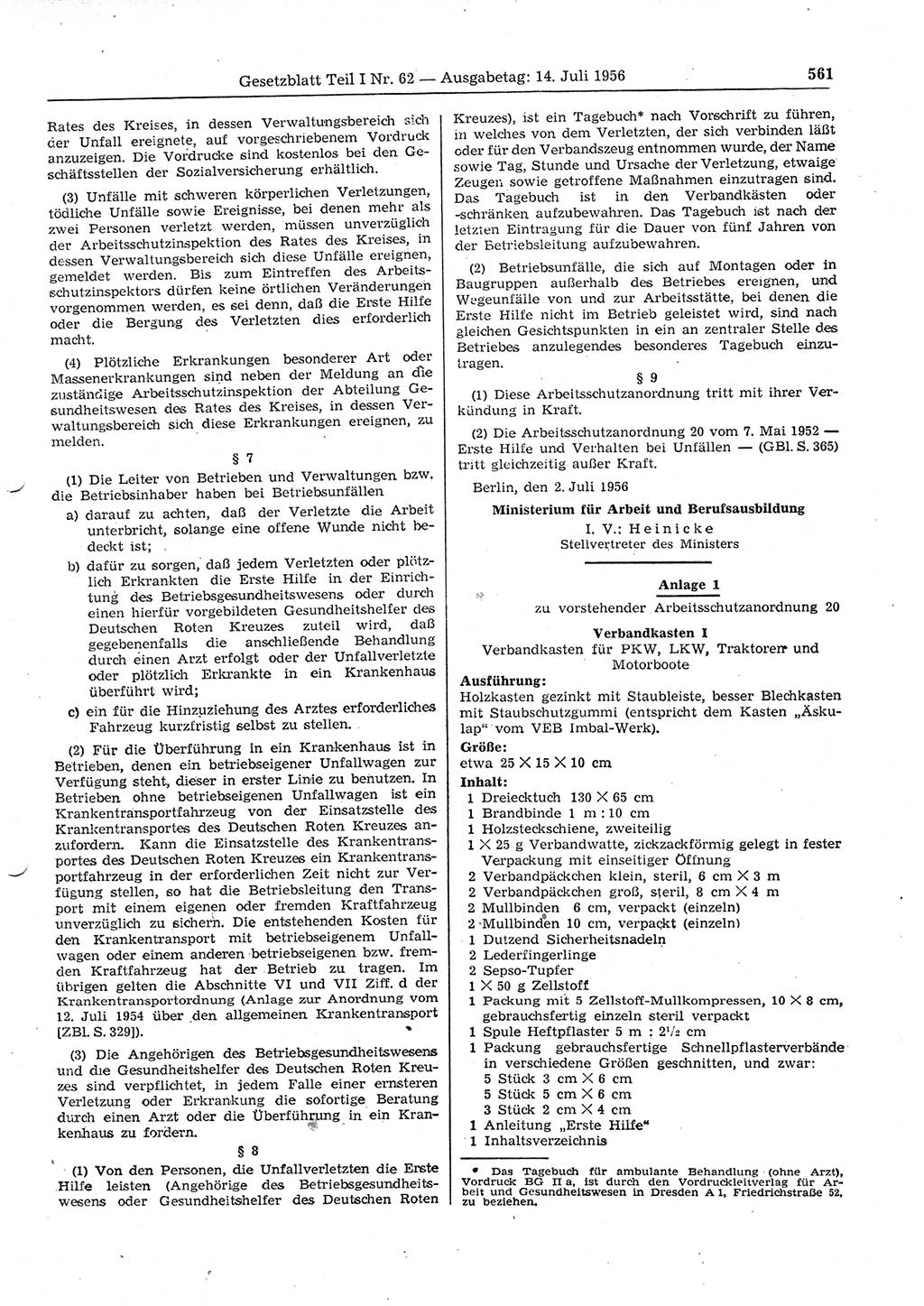 Gesetzblatt (GBl.) der Deutschen Demokratischen Republik (DDR) Teil Ⅰ 1956, Seite 561 (GBl. DDR Ⅰ 1956, S. 561)