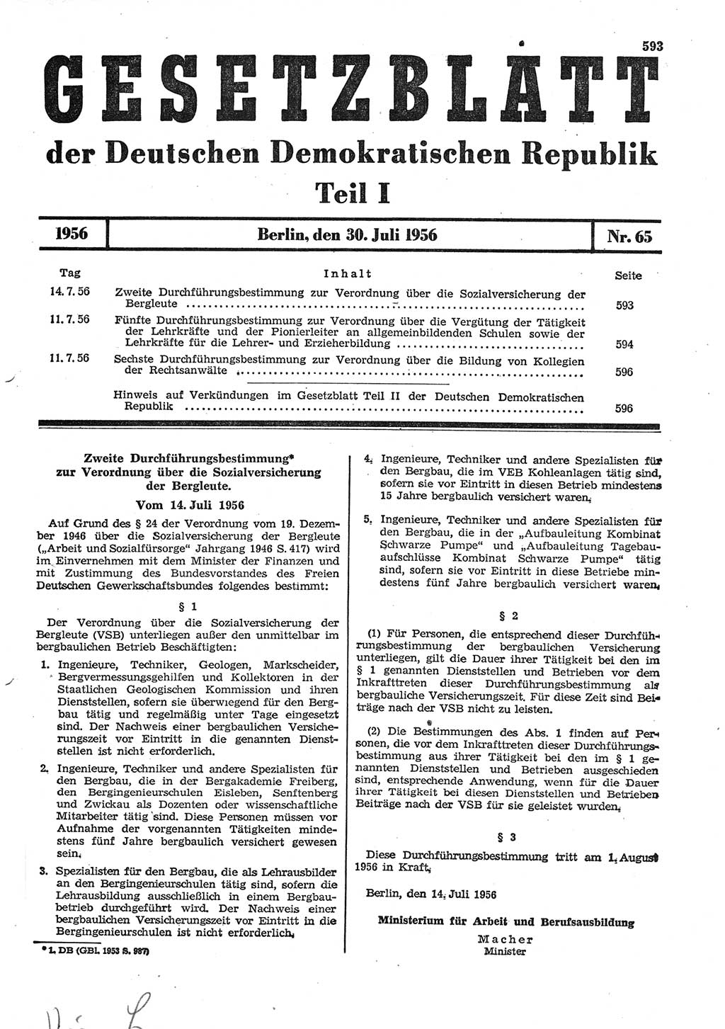 Gesetzblatt (GBl.) der Deutschen Demokratischen Republik (DDR) Teil Ⅰ 1956, Seite 593 (GBl. DDR Ⅰ 1956, S. 593)