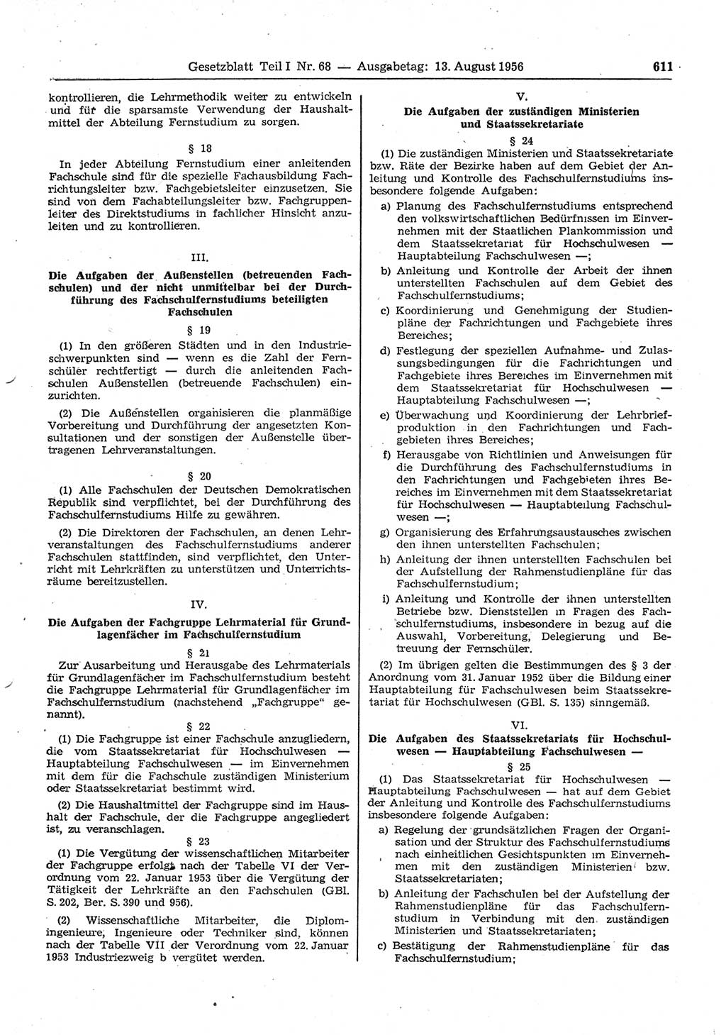 Gesetzblatt (GBl.) der Deutschen Demokratischen Republik (DDR) Teil Ⅰ 1956, Seite 611 (GBl. DDR Ⅰ 1956, S. 611)