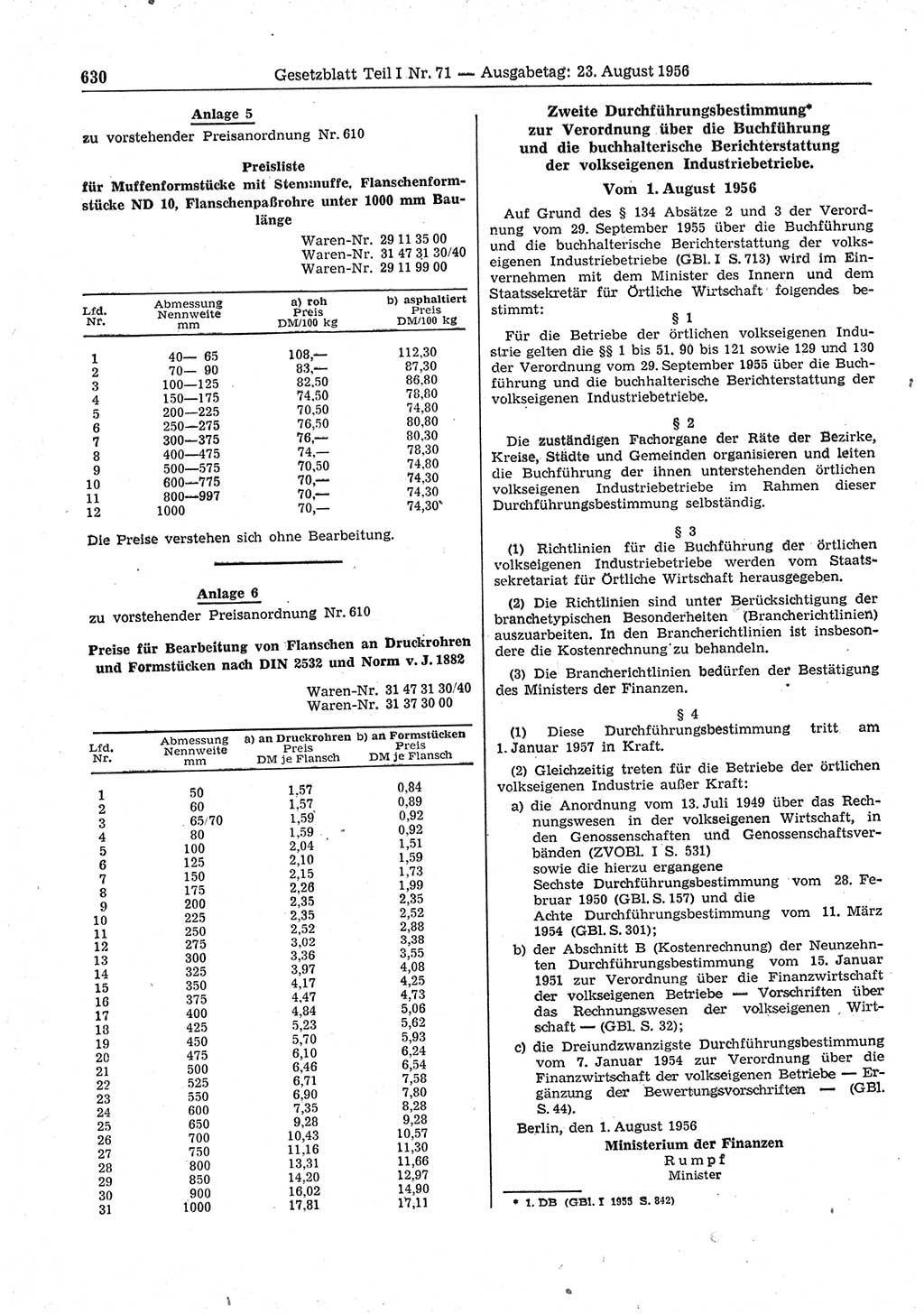 Gesetzblatt (GBl.) der Deutschen Demokratischen Republik (DDR) Teil Ⅰ 1956, Seite 630 (GBl. DDR Ⅰ 1956, S. 630)