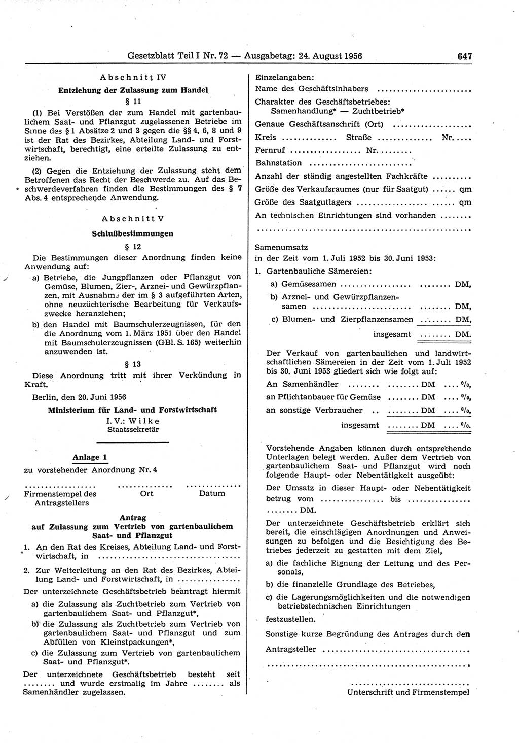 Gesetzblatt (GBl.) der Deutschen Demokratischen Republik (DDR) Teil Ⅰ 1956, Seite 647 (GBl. DDR Ⅰ 1956, S. 647)