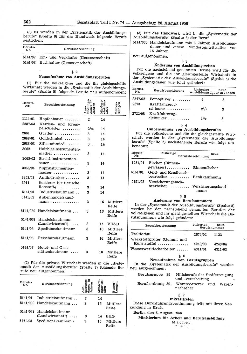 Gesetzblatt (GBl.) der Deutschen Demokratischen Republik (DDR) Teil Ⅰ 1956, Seite 662 (GBl. DDR Ⅰ 1956, S. 662)