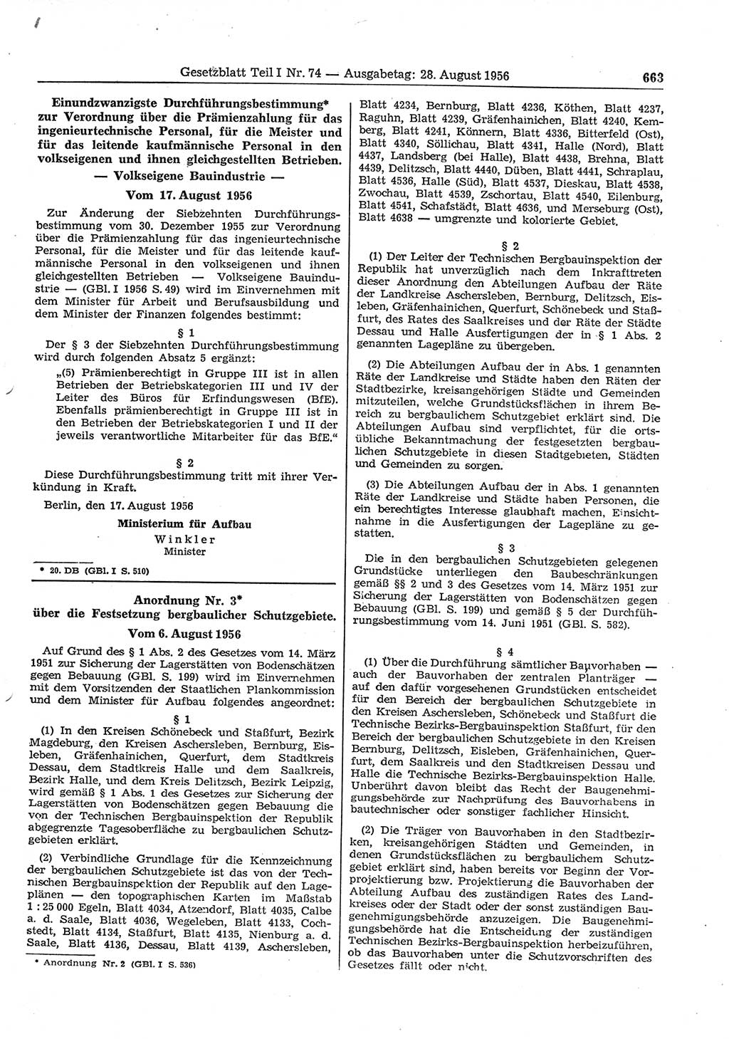 Gesetzblatt (GBl.) der Deutschen Demokratischen Republik (DDR) Teil Ⅰ 1956, Seite 663 (GBl. DDR Ⅰ 1956, S. 663)