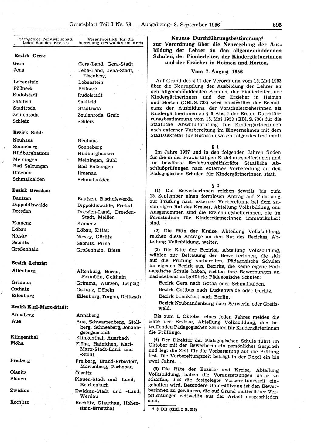 Gesetzblatt (GBl.) der Deutschen Demokratischen Republik (DDR) Teil Ⅰ 1956, Seite 695 (GBl. DDR Ⅰ 1956, S. 695)