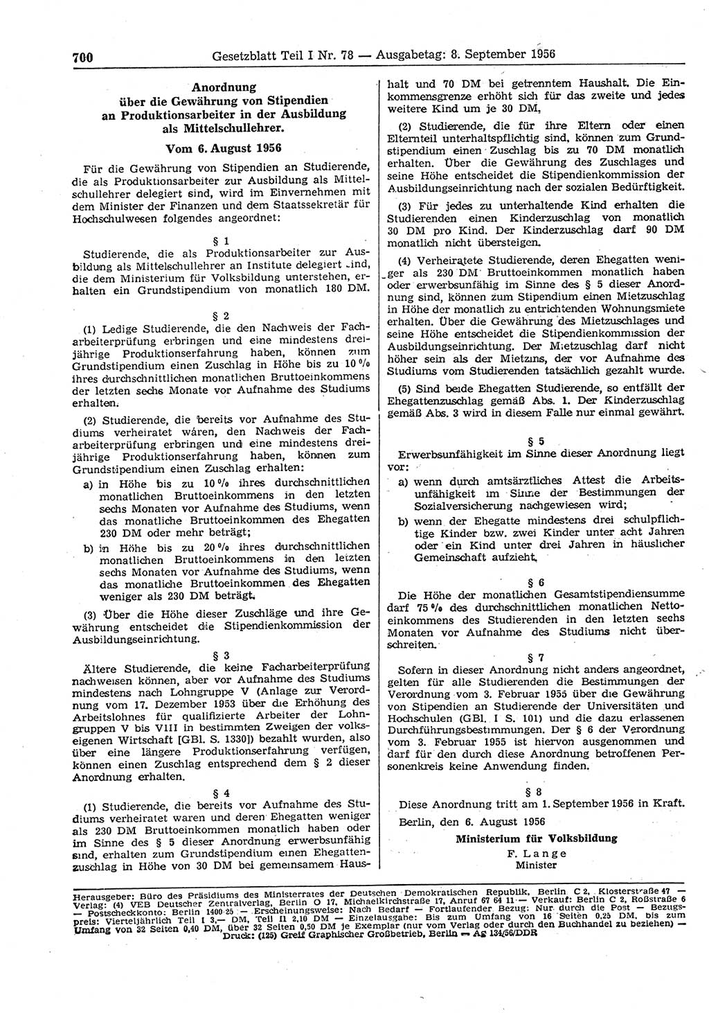 Gesetzblatt (GBl.) der Deutschen Demokratischen Republik (DDR) Teil Ⅰ 1956, Seite 700 (GBl. DDR Ⅰ 1956, S. 700)