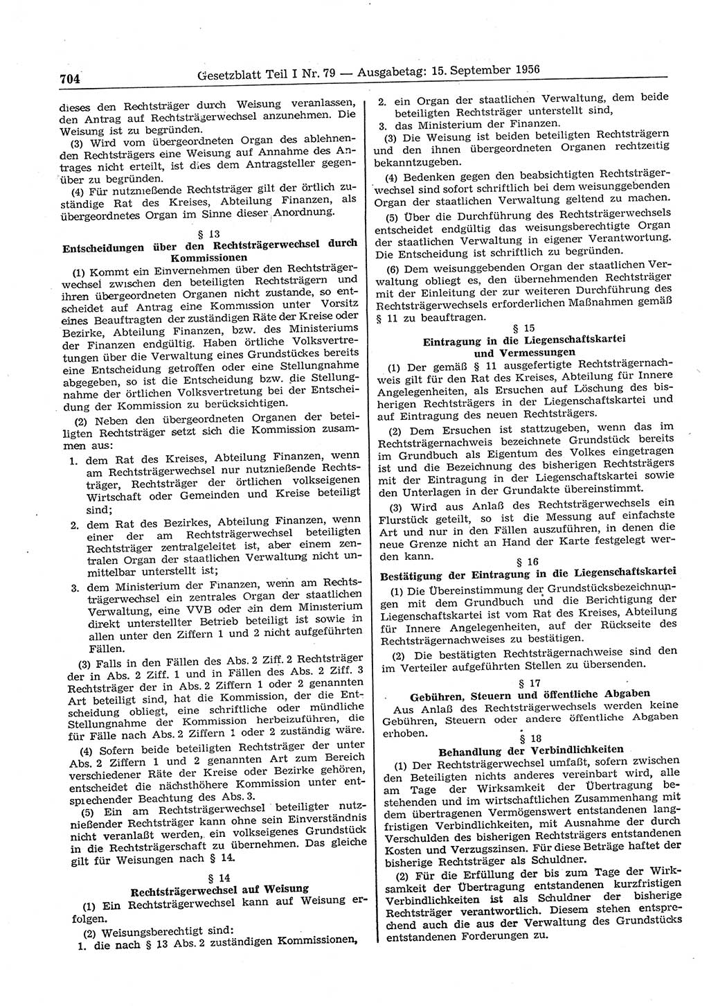 Gesetzblatt (GBl.) der Deutschen Demokratischen Republik (DDR) Teil Ⅰ 1956, Seite 704 (GBl. DDR Ⅰ 1956, S. 704)