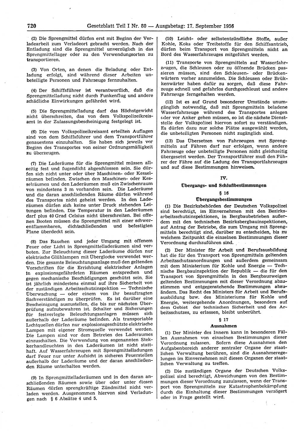 Gesetzblatt (GBl.) der Deutschen Demokratischen Republik (DDR) Teil Ⅰ 1956, Seite 720 (GBl. DDR Ⅰ 1956, S. 720)