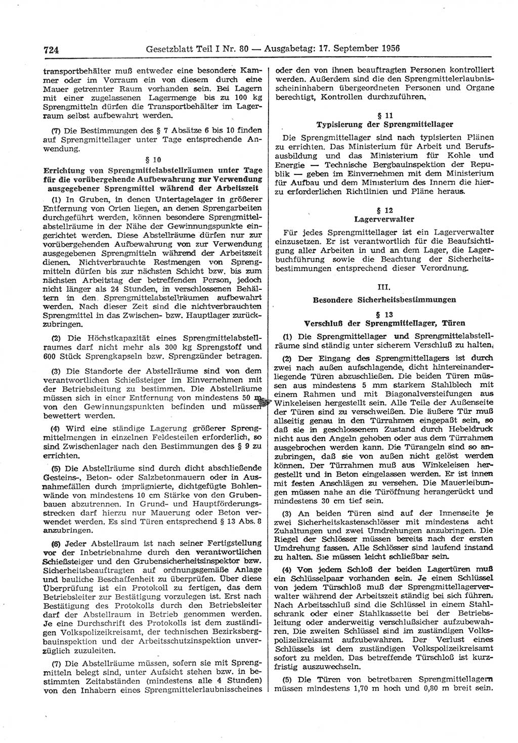 Gesetzblatt (GBl.) der Deutschen Demokratischen Republik (DDR) Teil Ⅰ 1956, Seite 724 (GBl. DDR Ⅰ 1956, S. 724)