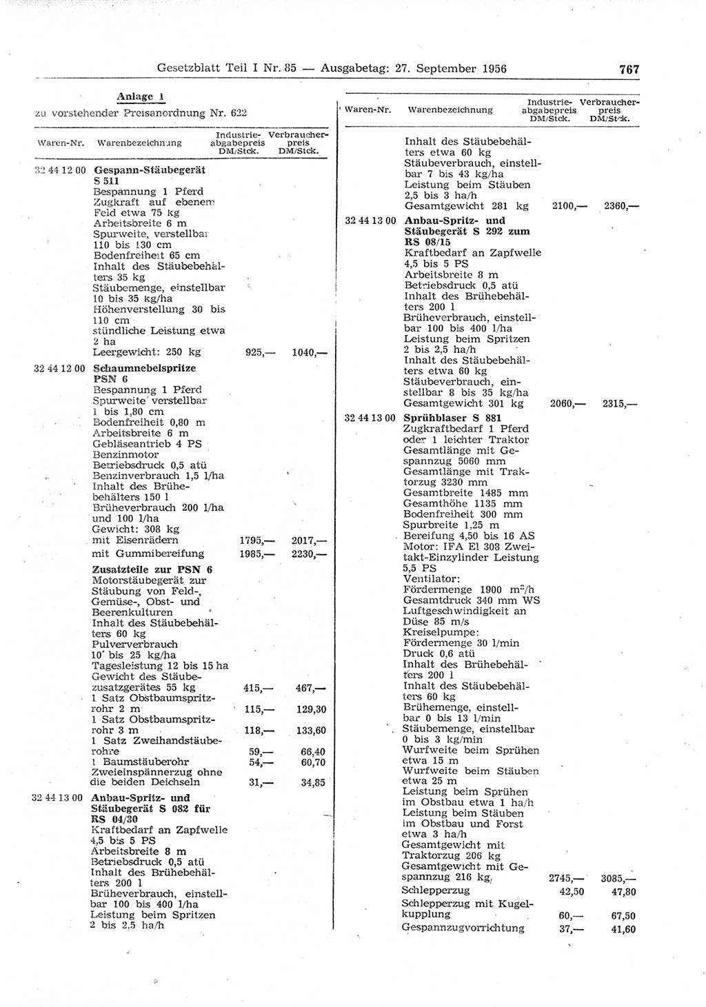 Gesetzblatt (GBl.) der Deutschen Demokratischen Republik (DDR) Teil Ⅰ 1956, Seite 767 (GBl. DDR Ⅰ 1956, S. 767)