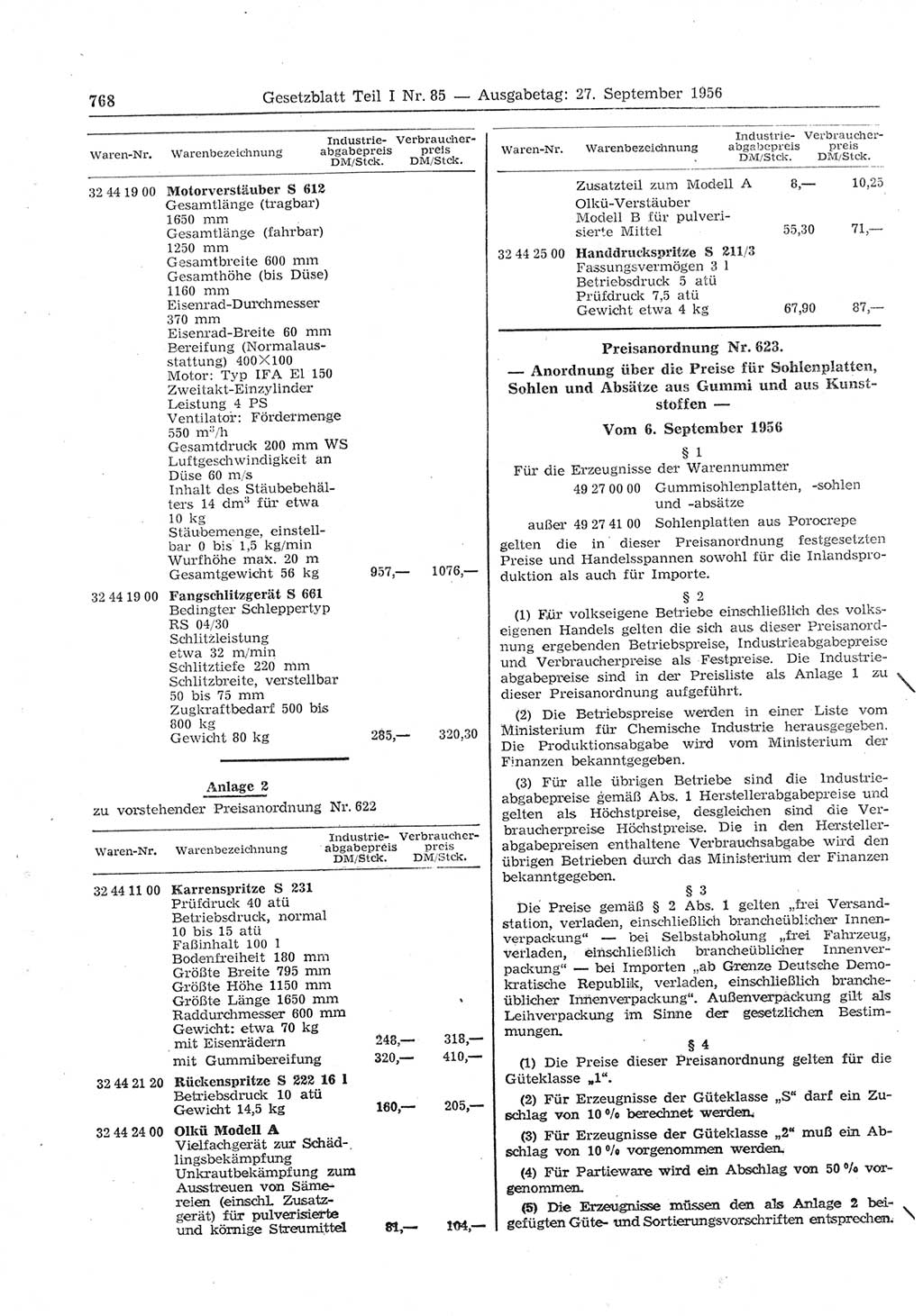 Gesetzblatt (GBl.) der Deutschen Demokratischen Republik (DDR) Teil Ⅰ 1956, Seite 768 (GBl. DDR Ⅰ 1956, S. 768)