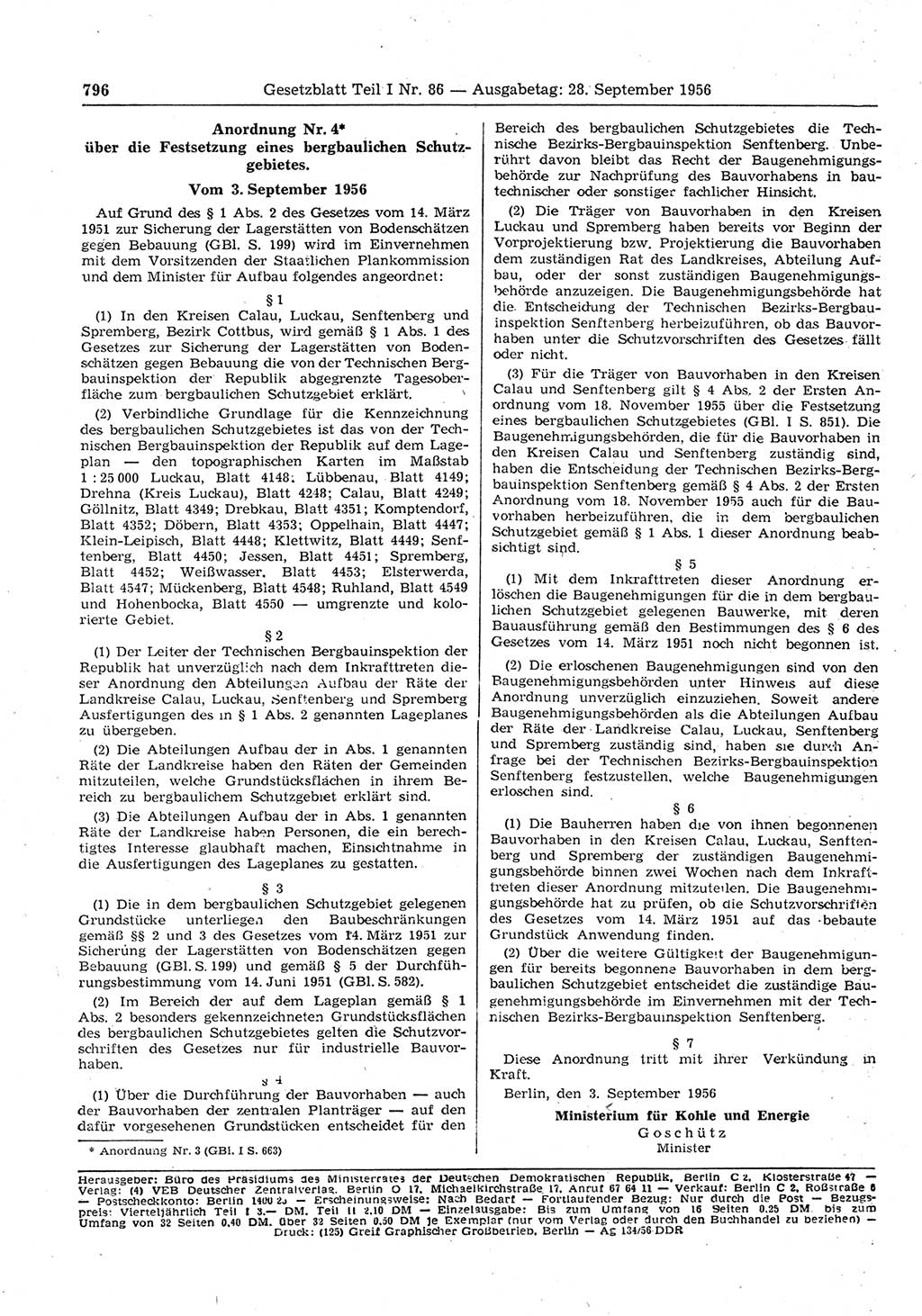 Gesetzblatt (GBl.) der Deutschen Demokratischen Republik (DDR) Teil Ⅰ 1956, Seite 796 (GBl. DDR Ⅰ 1956, S. 796)