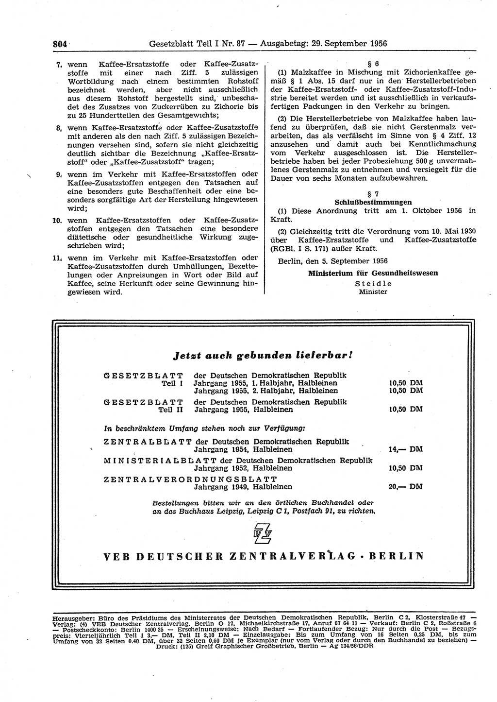 Gesetzblatt (GBl.) der Deutschen Demokratischen Republik (DDR) Teil Ⅰ 1956, Seite 804 (GBl. DDR Ⅰ 1956, S. 804)