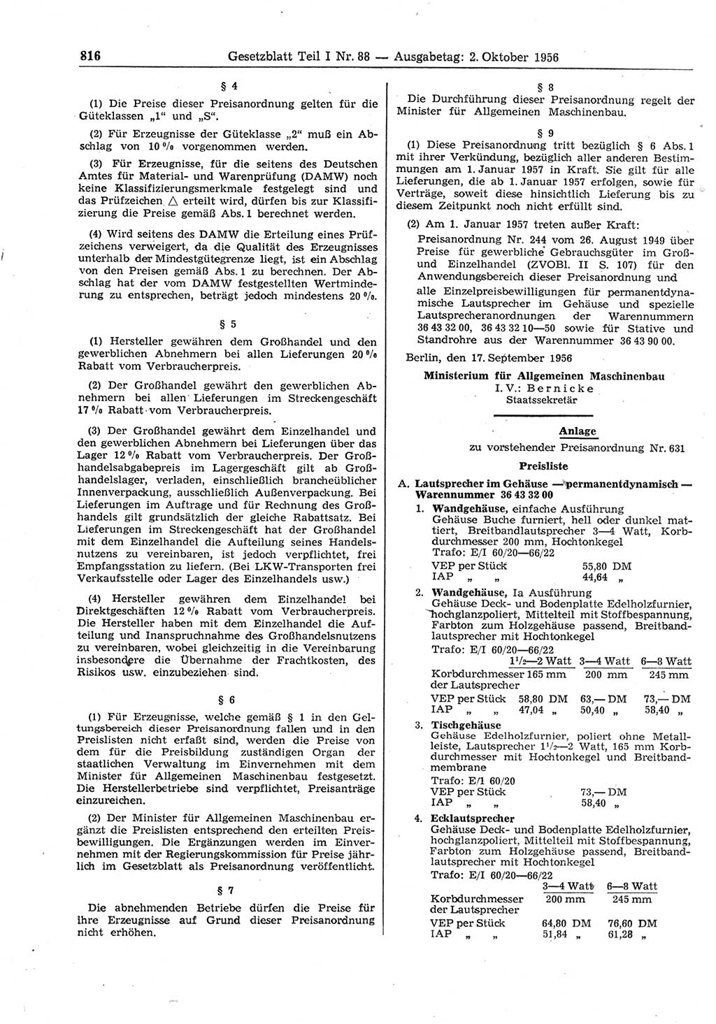 Gesetzblatt (GBl.) der Deutschen Demokratischen Republik (DDR) Teil Ⅰ 1956, Seite 816 (GBl. DDR Ⅰ 1956, S. 816)