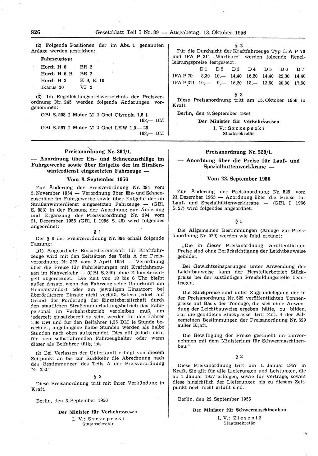 Gesetzblatt (GBl.) der Deutschen Demokratischen Republik (DDR) Teil Ⅰ 1956, Seite 826 (GBl. DDR Ⅰ 1956, S. 826)