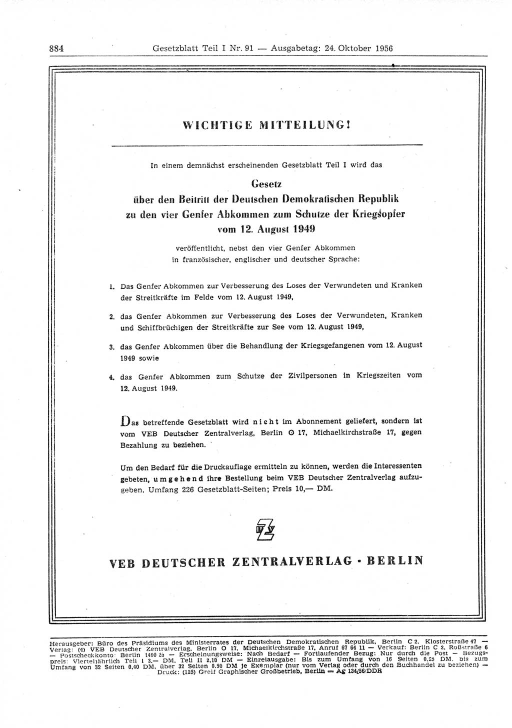 Gesetzblatt (GBl.) der Deutschen Demokratischen Republik (DDR) Teil Ⅰ 1956, Seite 884 (GBl. DDR Ⅰ 1956, S. 884)
