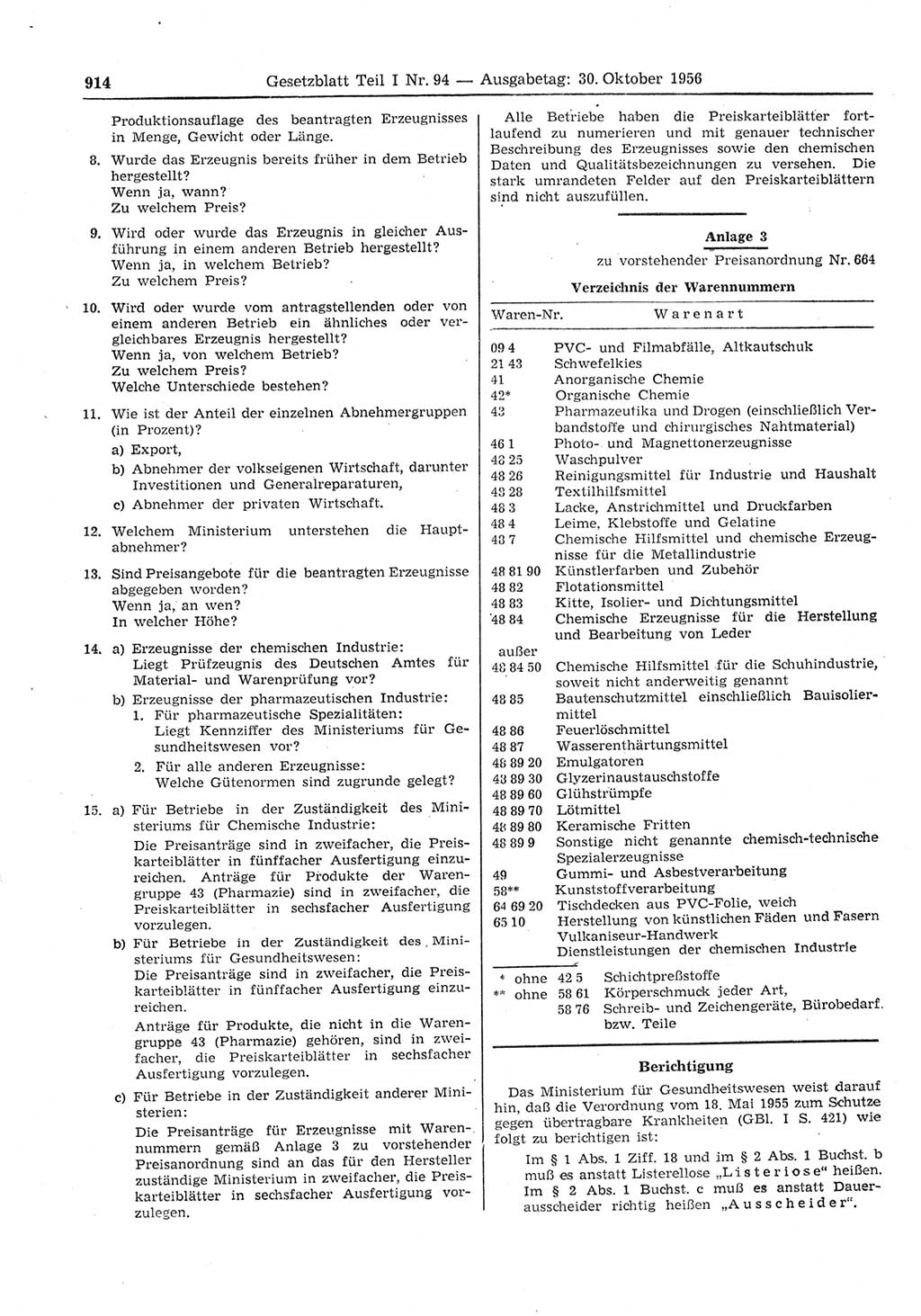Gesetzblatt (GBl.) der Deutschen Demokratischen Republik (DDR) Teil Ⅰ 1956, Seite 914 (GBl. DDR Ⅰ 1956, S. 914)