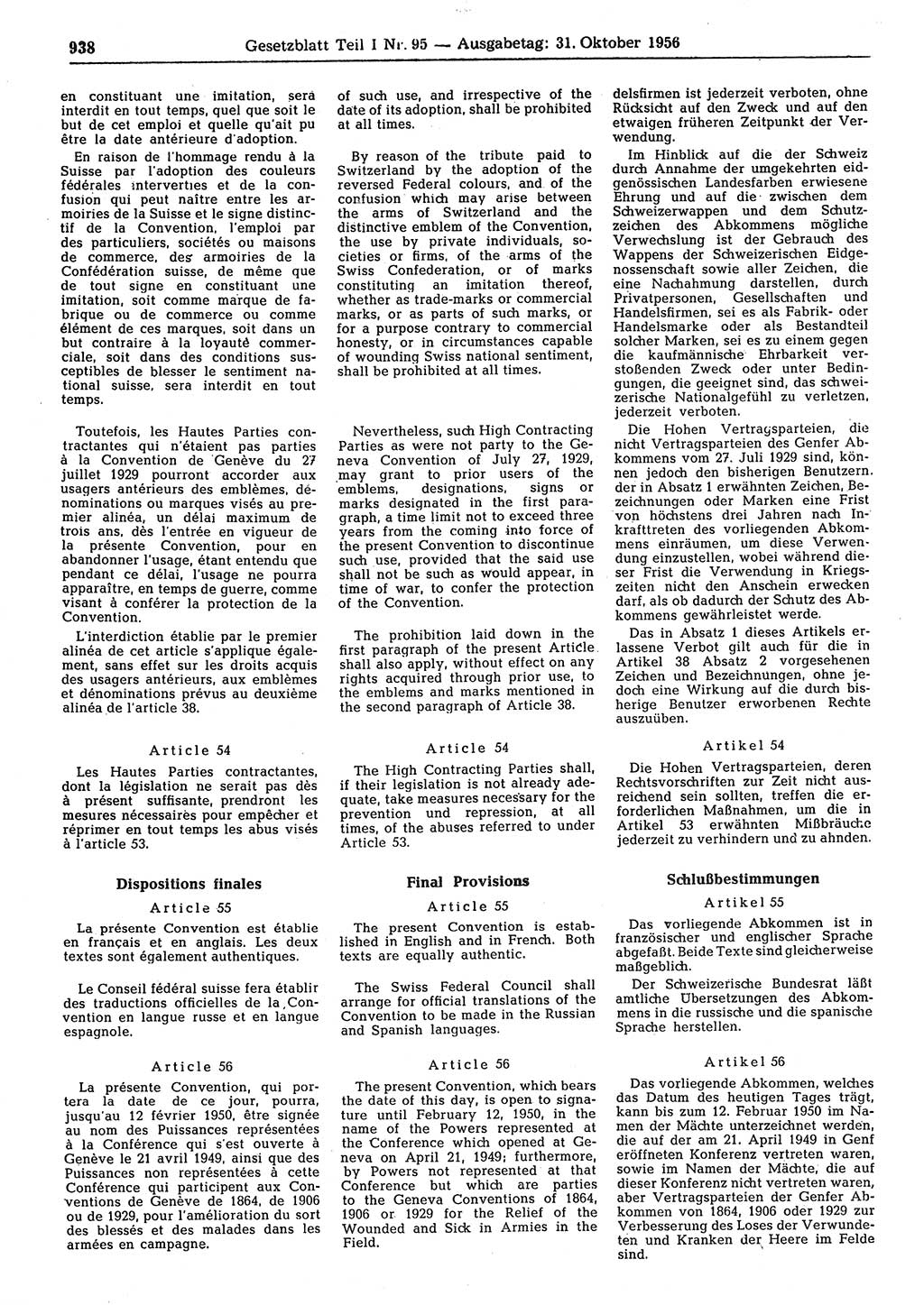 Gesetzblatt (GBl.) der Deutschen Demokratischen Republik (DDR) Teil Ⅰ 1956, Seite 938 (GBl. DDR Ⅰ 1956, S. 938)