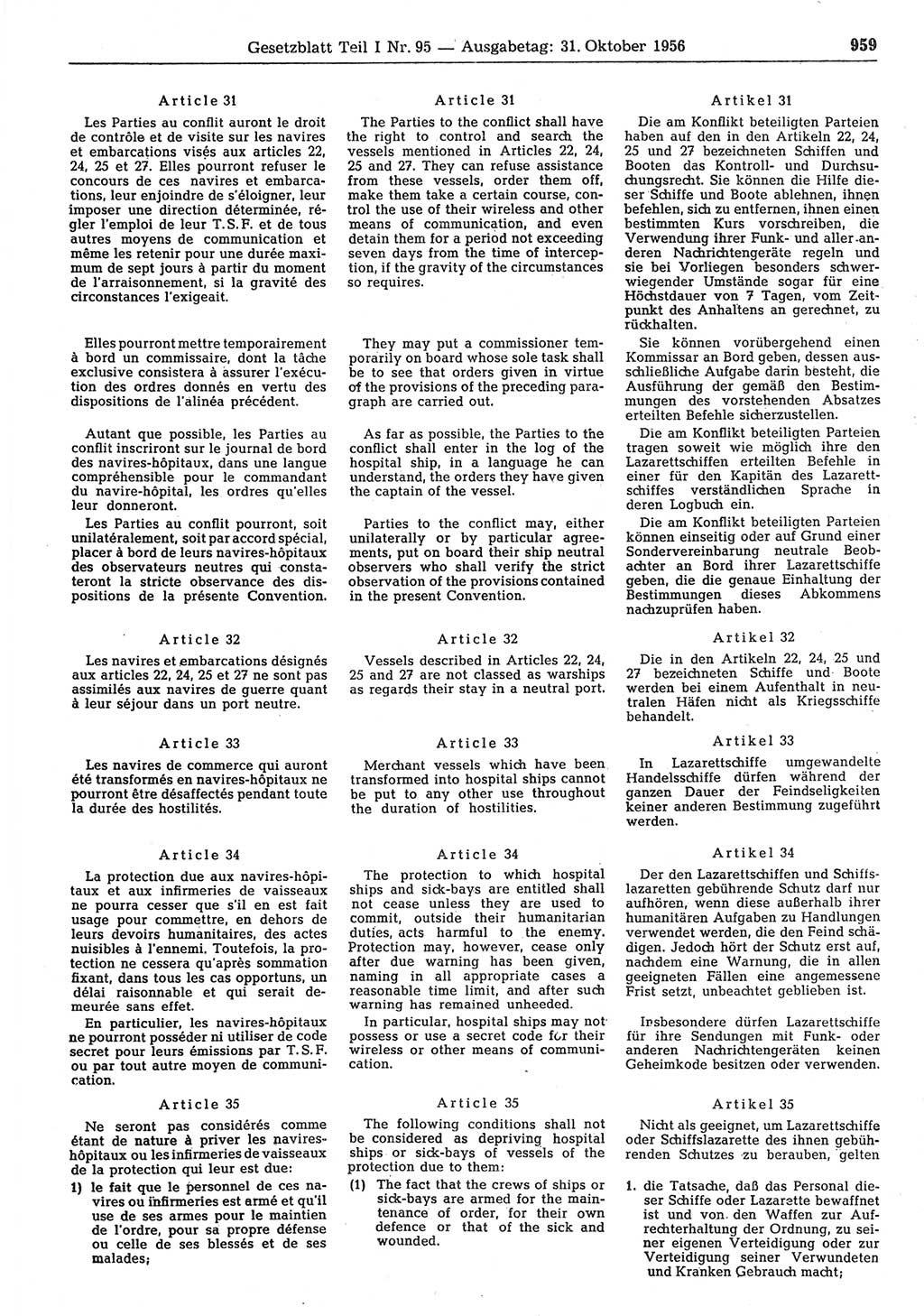 Gesetzblatt (GBl.) der Deutschen Demokratischen Republik (DDR) Teil Ⅰ 1956, Seite 959 (GBl. DDR Ⅰ 1956, S. 959)