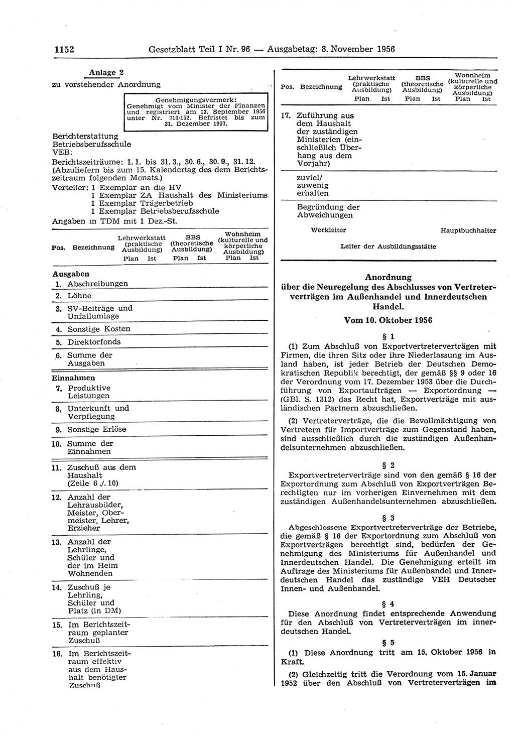 Gesetzblatt (GBl.) der Deutschen Demokratischen Republik (DDR) Teil Ⅰ 1956, Seite 1152 (GBl. DDR Ⅰ 1956, S. 1152)