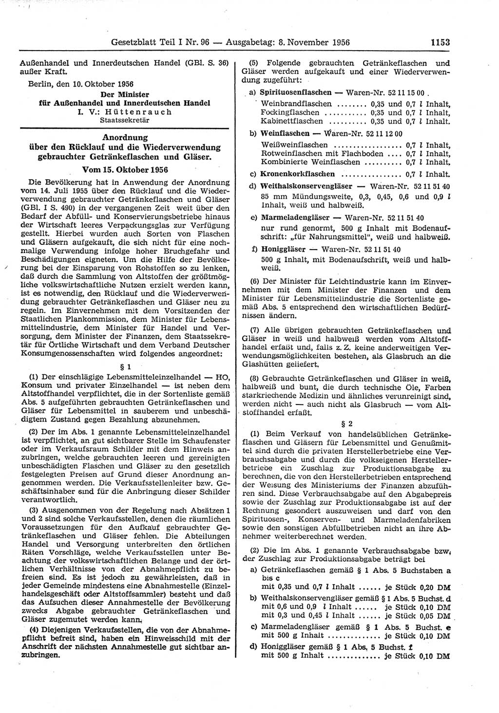 Gesetzblatt (GBl.) der Deutschen Demokratischen Republik (DDR) Teil Ⅰ 1956, Seite 1153 (GBl. DDR Ⅰ 1956, S. 1153)