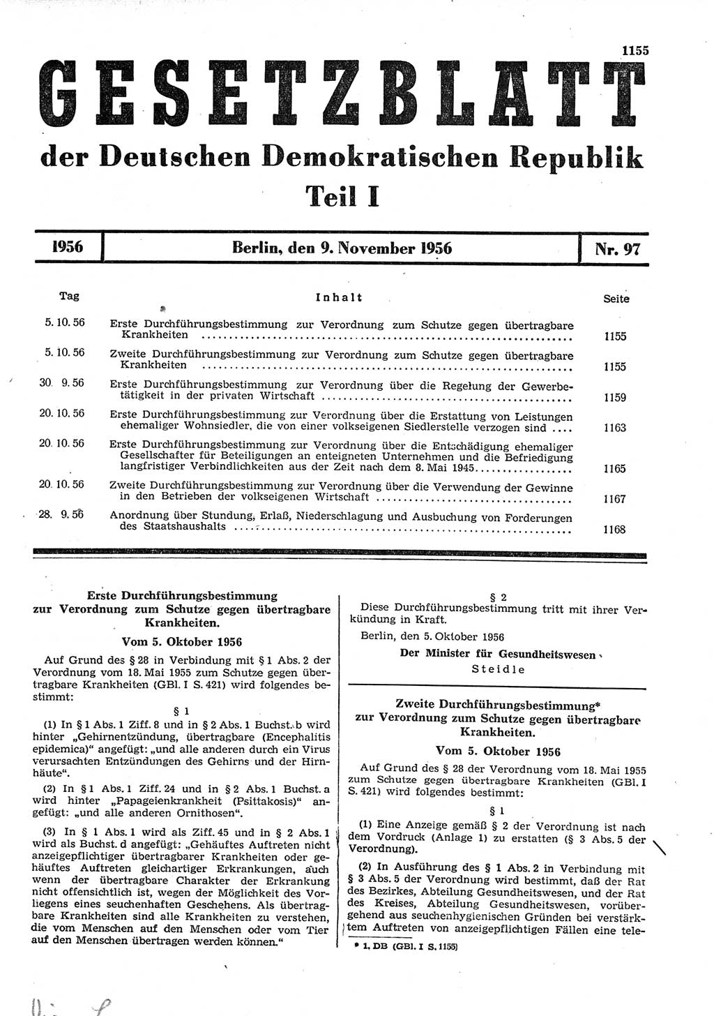 Gesetzblatt (GBl.) der Deutschen Demokratischen Republik (DDR) Teil Ⅰ 1956, Seite 1155 (GBl. DDR Ⅰ 1956, S. 1155)