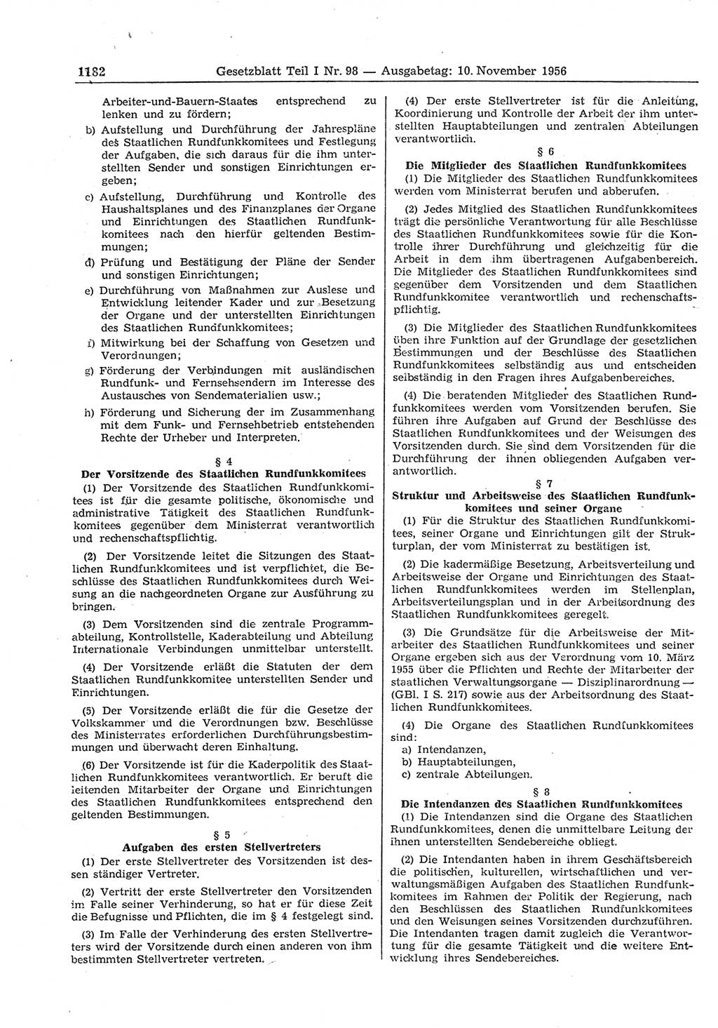 Gesetzblatt (GBl.) der Deutschen Demokratischen Republik (DDR) Teil Ⅰ 1956, Seite 1182 (GBl. DDR Ⅰ 1956, S. 1182)