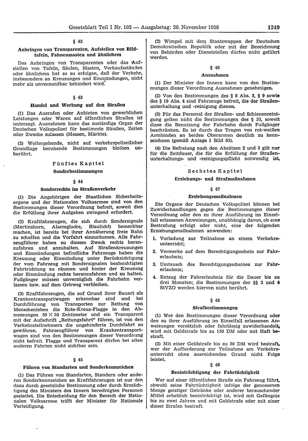 Gesetzblatt (GBl.) der Deutschen Demokratischen Republik (DDR) Teil Ⅰ 1956, Seite 1249 (GBl. DDR Ⅰ 1956, S. 1249)