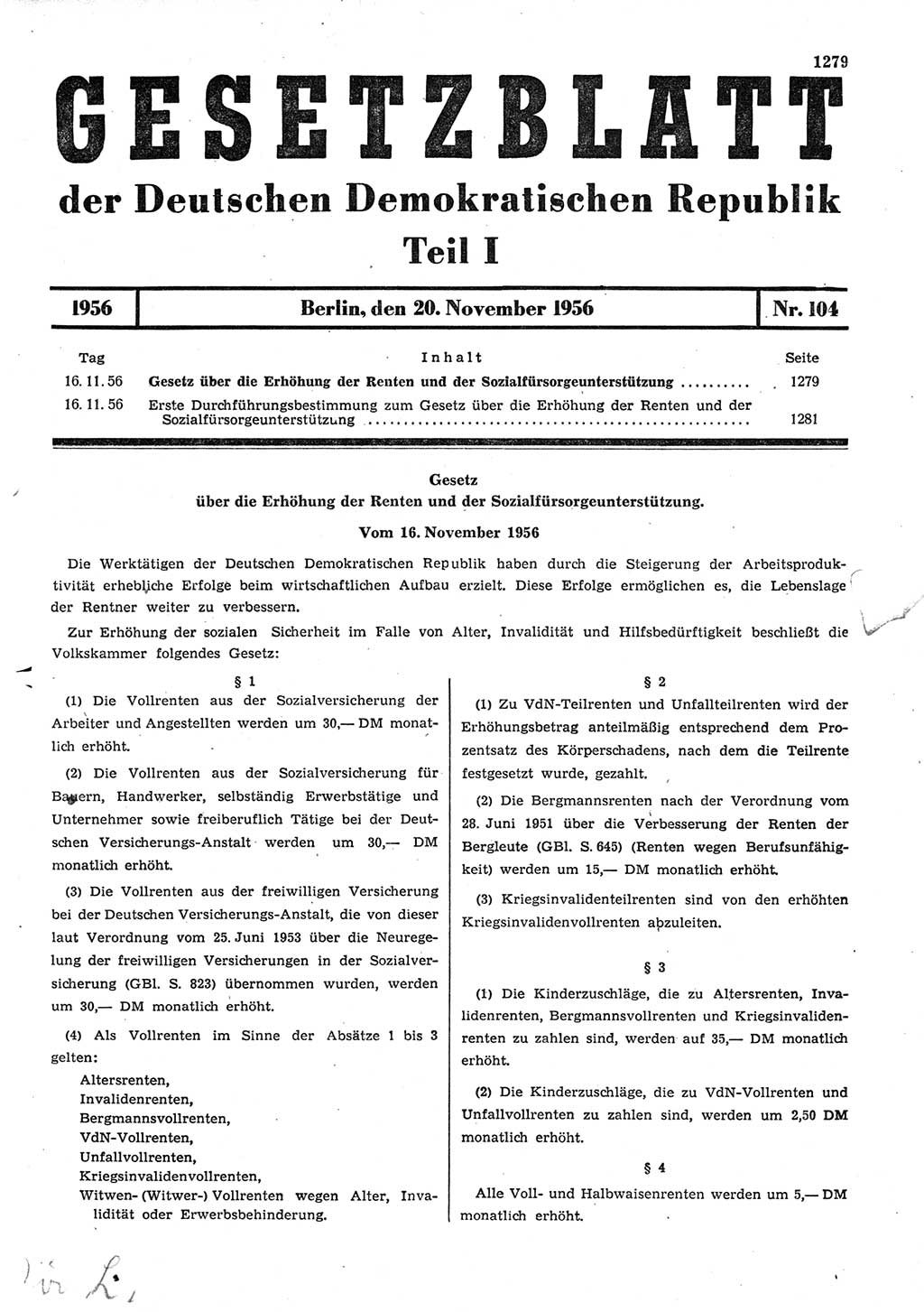 Gesetzblatt (GBl.) der Deutschen Demokratischen Republik (DDR) Teil Ⅰ 1956, Seite 1279 (GBl. DDR Ⅰ 1956, S. 1279)