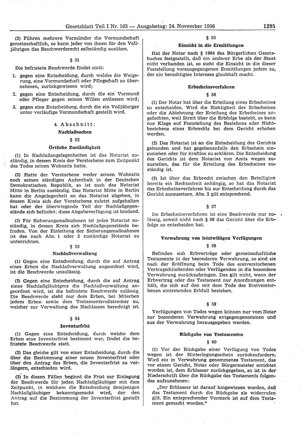Gesetzblatt (GBl.) der Deutschen Demokratischen Republik (DDR) Teil Ⅰ 1956, Seite 1295 (GBl. DDR Ⅰ 1956, S. 1295)
