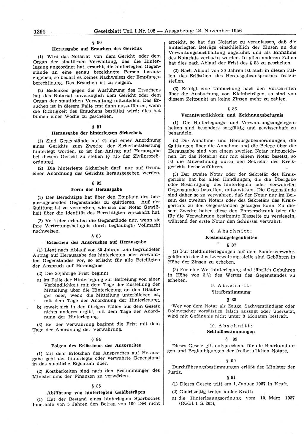 Gesetzblatt (GBl.) der Deutschen Demokratischen Republik (DDR) Teil Ⅰ 1956, Seite 1298 (GBl. DDR Ⅰ 1956, S. 1298)