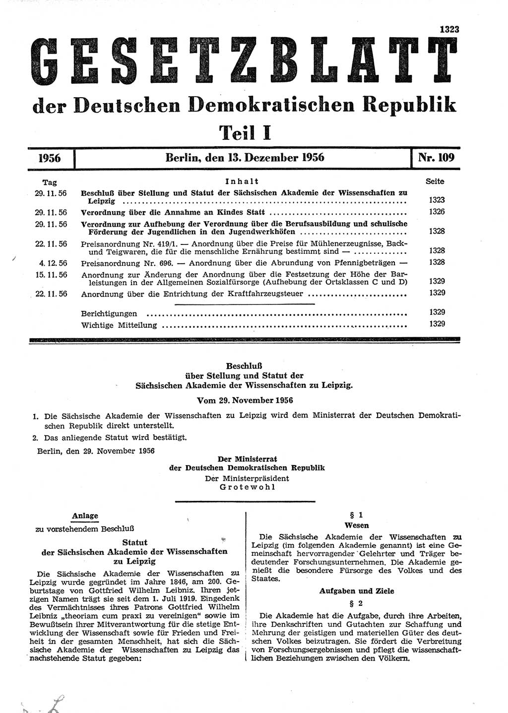 Gesetzblatt (GBl.) der Deutschen Demokratischen Republik (DDR) Teil Ⅰ 1956, Seite 1323 (GBl. DDR Ⅰ 1956, S. 1323)