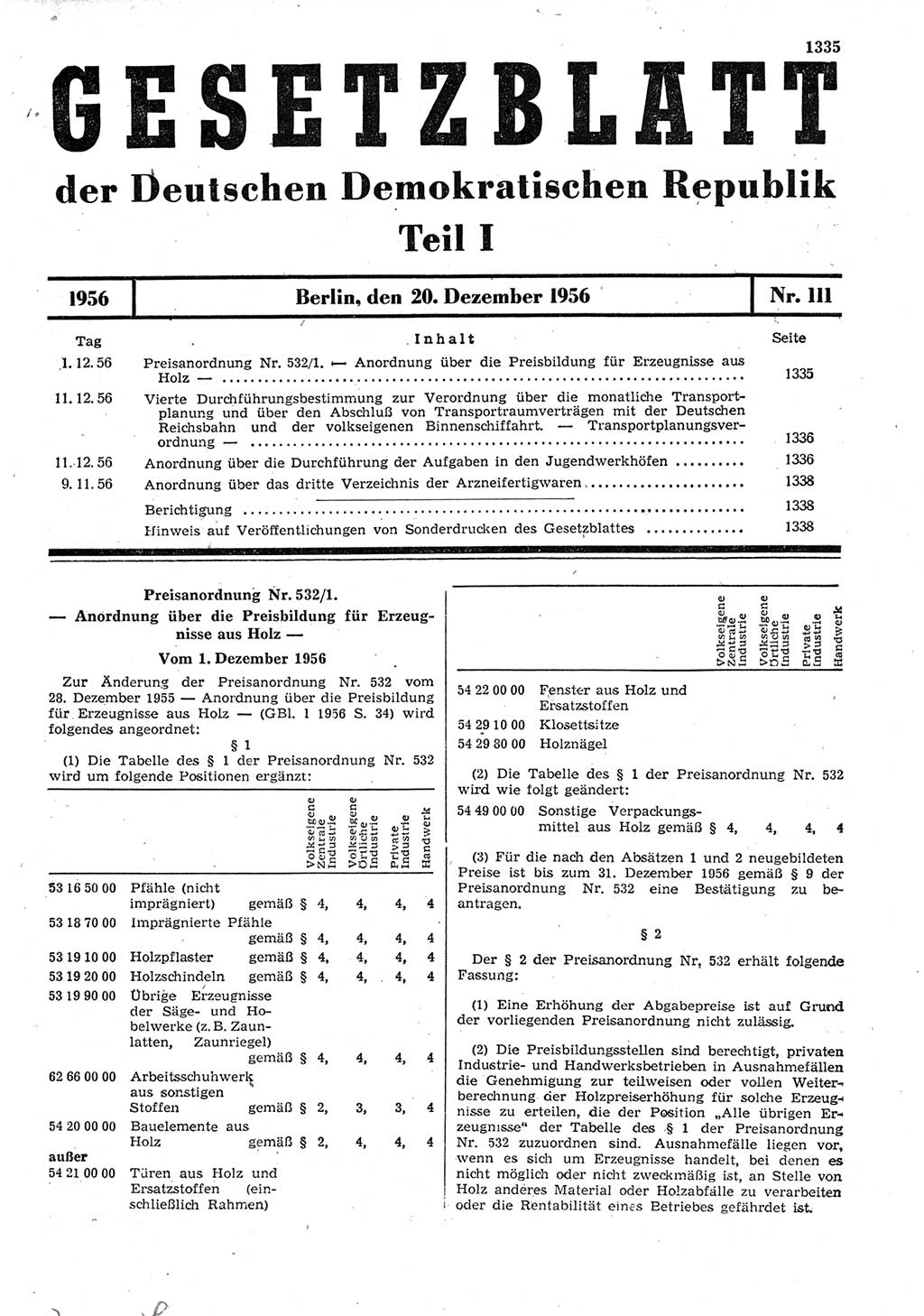Gesetzblatt (GBl.) der Deutschen Demokratischen Republik (DDR) Teil Ⅰ 1956, Seite 1335 (GBl. DDR Ⅰ 1956, S. 1335)