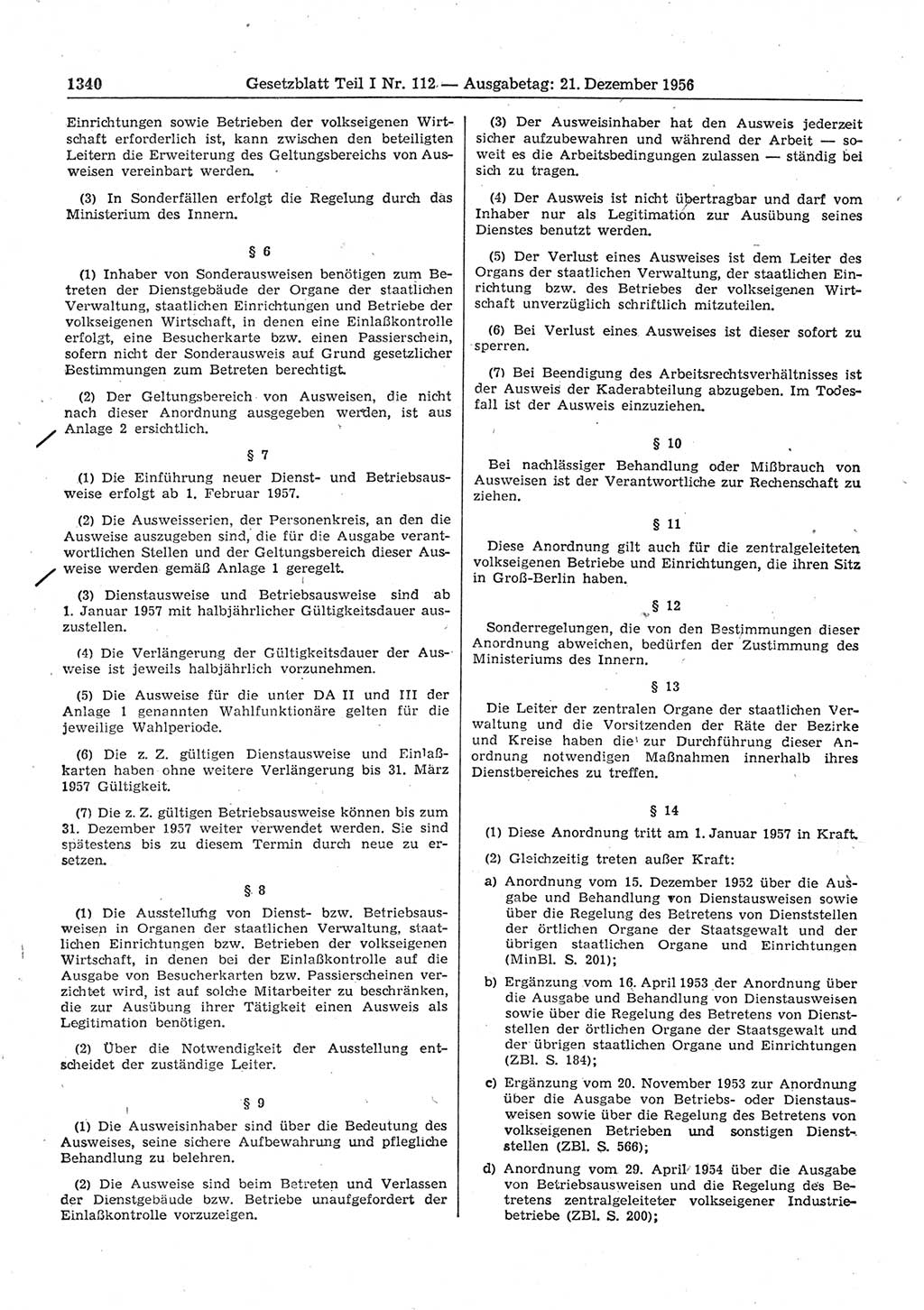 Gesetzblatt (GBl.) der Deutschen Demokratischen Republik (DDR) Teil Ⅰ 1956, Seite 1340 (GBl. DDR Ⅰ 1956, S. 1340)