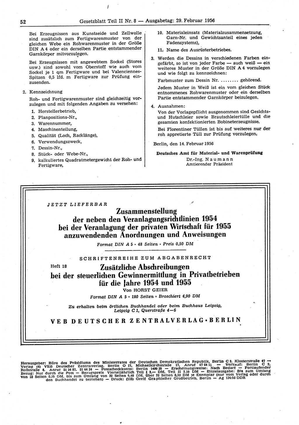 Gesetzblatt (GBl.) der Deutschen Demokratischen Republik (DDR) Teil ⅠⅠ 1956, Seite 52 (GBl. DDR ⅠⅠ 1956, S. 52)