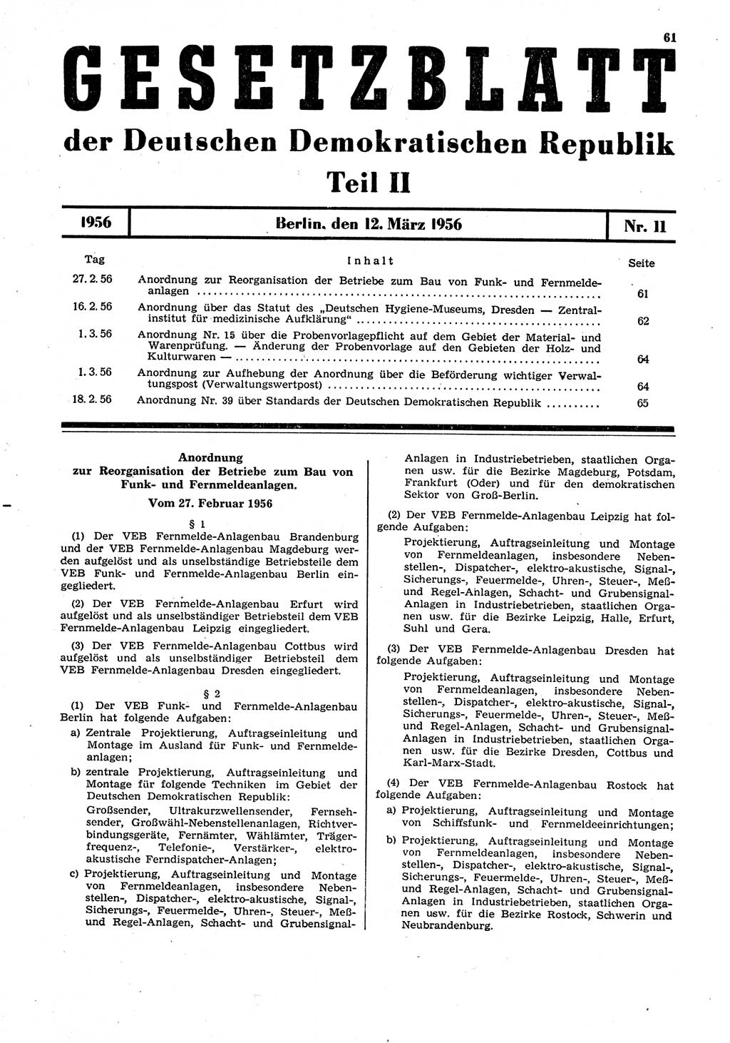Gesetzblatt (GBl.) der Deutschen Demokratischen Republik (DDR) Teil ⅠⅠ 1956, Seite 61 (GBl. DDR ⅠⅠ 1956, S. 61)