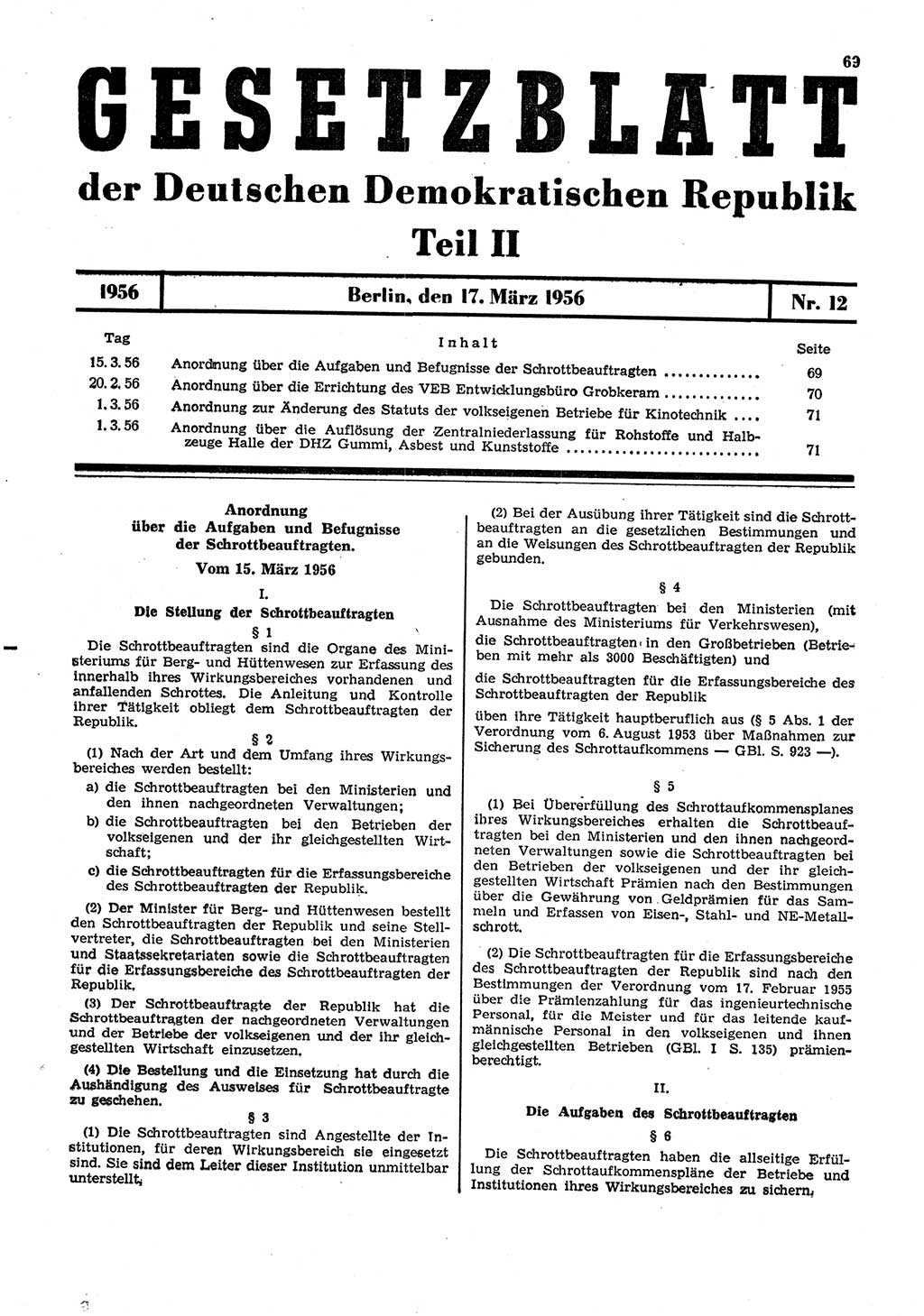Gesetzblatt (GBl.) der Deutschen Demokratischen Republik (DDR) Teil ⅠⅠ 1956, Seite 69 (GBl. DDR ⅠⅠ 1956, S. 69)