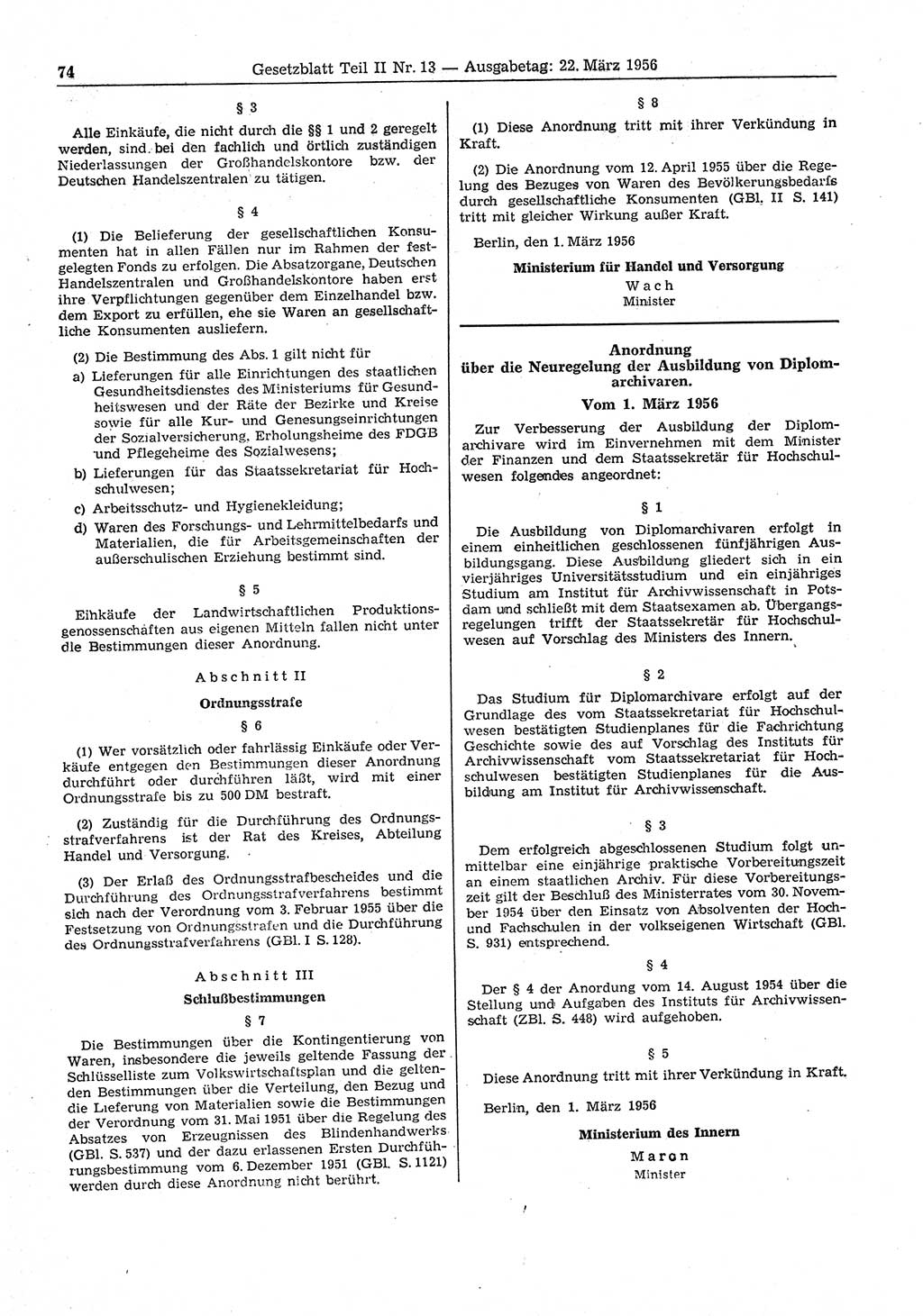 Gesetzblatt (GBl.) der Deutschen Demokratischen Republik (DDR) Teil ⅠⅠ 1956, Seite 74 (GBl. DDR ⅠⅠ 1956, S. 74)