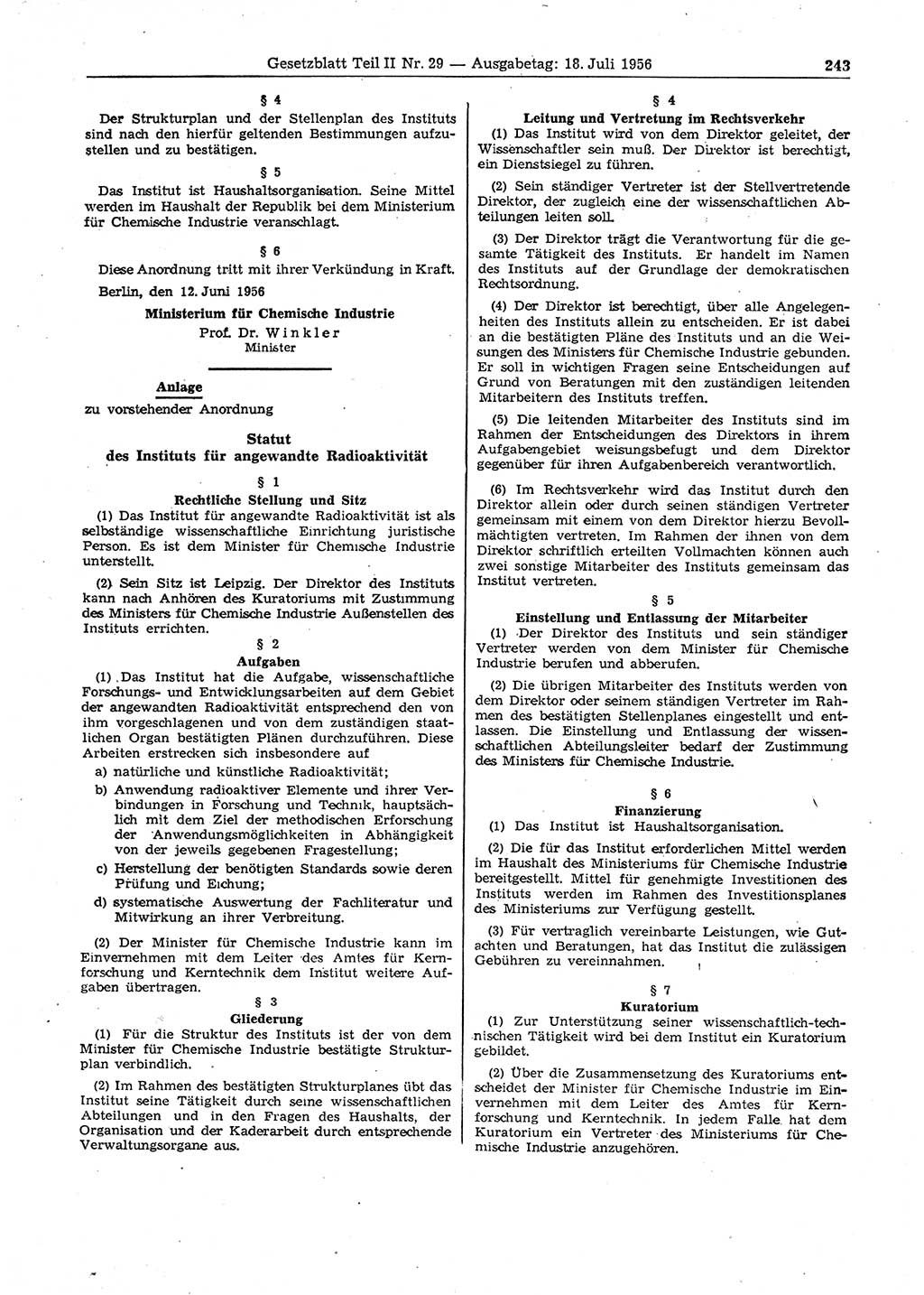Gesetzblatt (GBl.) der Deutschen Demokratischen Republik (DDR) Teil ⅠⅠ 1956, Seite 243 (GBl. DDR ⅠⅠ 1956, S. 243)