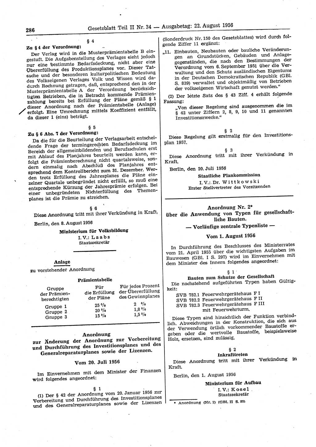 Gesetzblatt (GBl.) der Deutschen Demokratischen Republik (DDR) Teil ⅠⅠ 1956, Seite 286 (GBl. DDR ⅠⅠ 1956, S. 286)