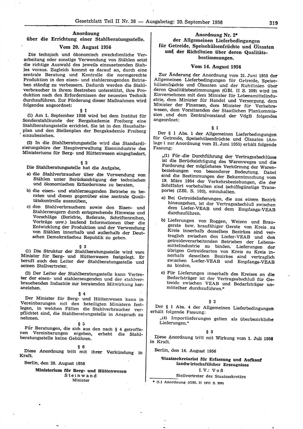 Gesetzblatt (GBl.) der Deutschen Demokratischen Republik (DDR) Teil ⅠⅠ 1956, Seite 319 (GBl. DDR ⅠⅠ 1956, S. 319)