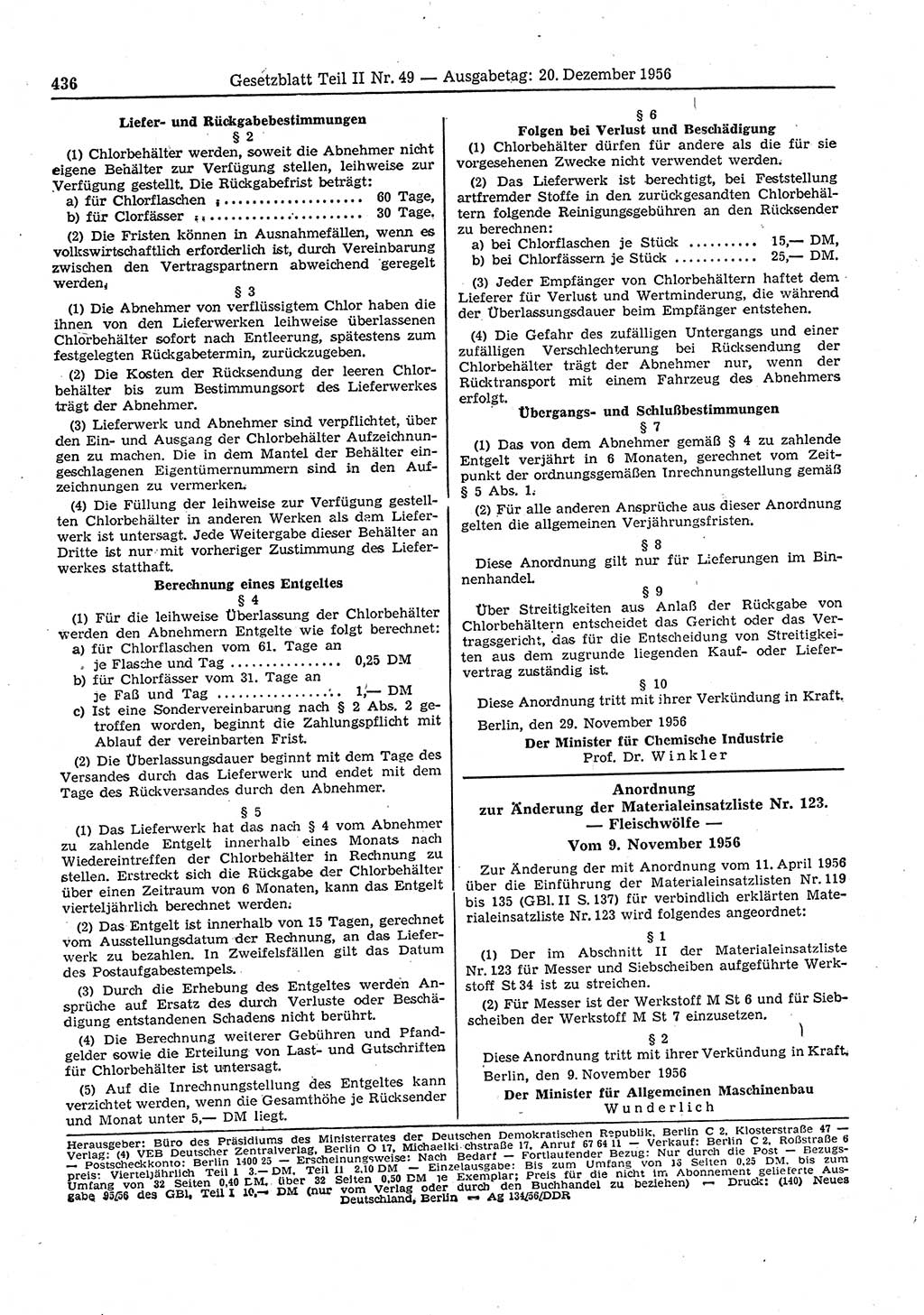 Gesetzblatt (GBl.) der Deutschen Demokratischen Republik (DDR) Teil ⅠⅠ 1956, Seite 436 (GBl. DDR ⅠⅠ 1956, S. 436)