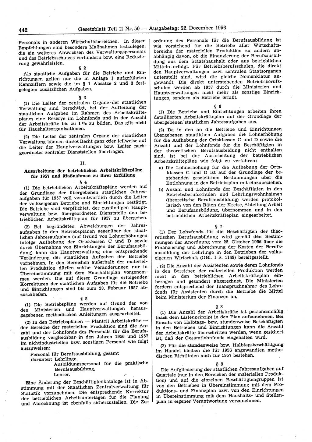 Gesetzblatt (GBl.) der Deutschen Demokratischen Republik (DDR) Teil ⅠⅠ 1956, Seite 442 (GBl. DDR ⅠⅠ 1956, S. 442)