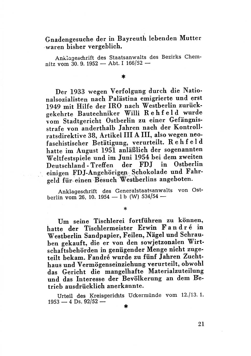 Katalog des Unrechts, Untersuchungsausschuß Freiheitlicher Juristen (UfJ) [Bundesrepublik Deutschland (BRD)] 1956, Seite 21 (Kat. UnR. UfJ BRD 1956, S. 21)