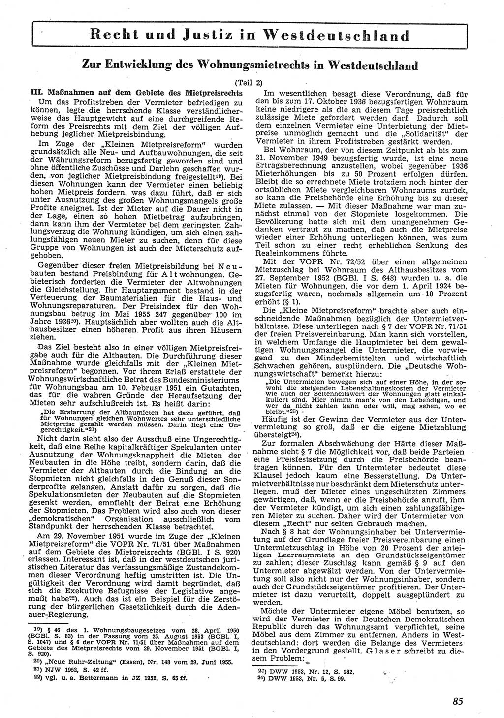 Neue Justiz (NJ), Zeitschrift für Recht und Rechtswissenschaft [Deutsche Demokratische Republik (DDR)], 10. Jahrgang 1956, Seite 85 (NJ DDR 1956, S. 85)