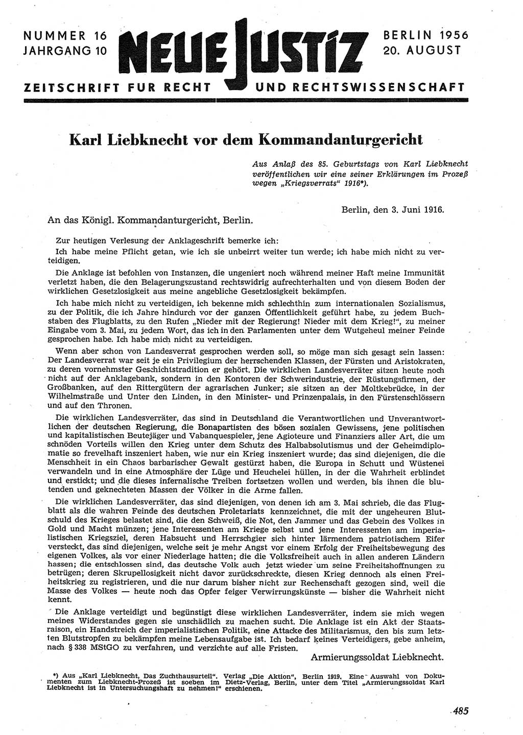 Neue Justiz (NJ), Zeitschrift für Recht und Rechtswissenschaft [Deutsche Demokratische Republik (DDR)], 10. Jahrgang 1956, Seite 485 (NJ DDR 1956, S. 485)