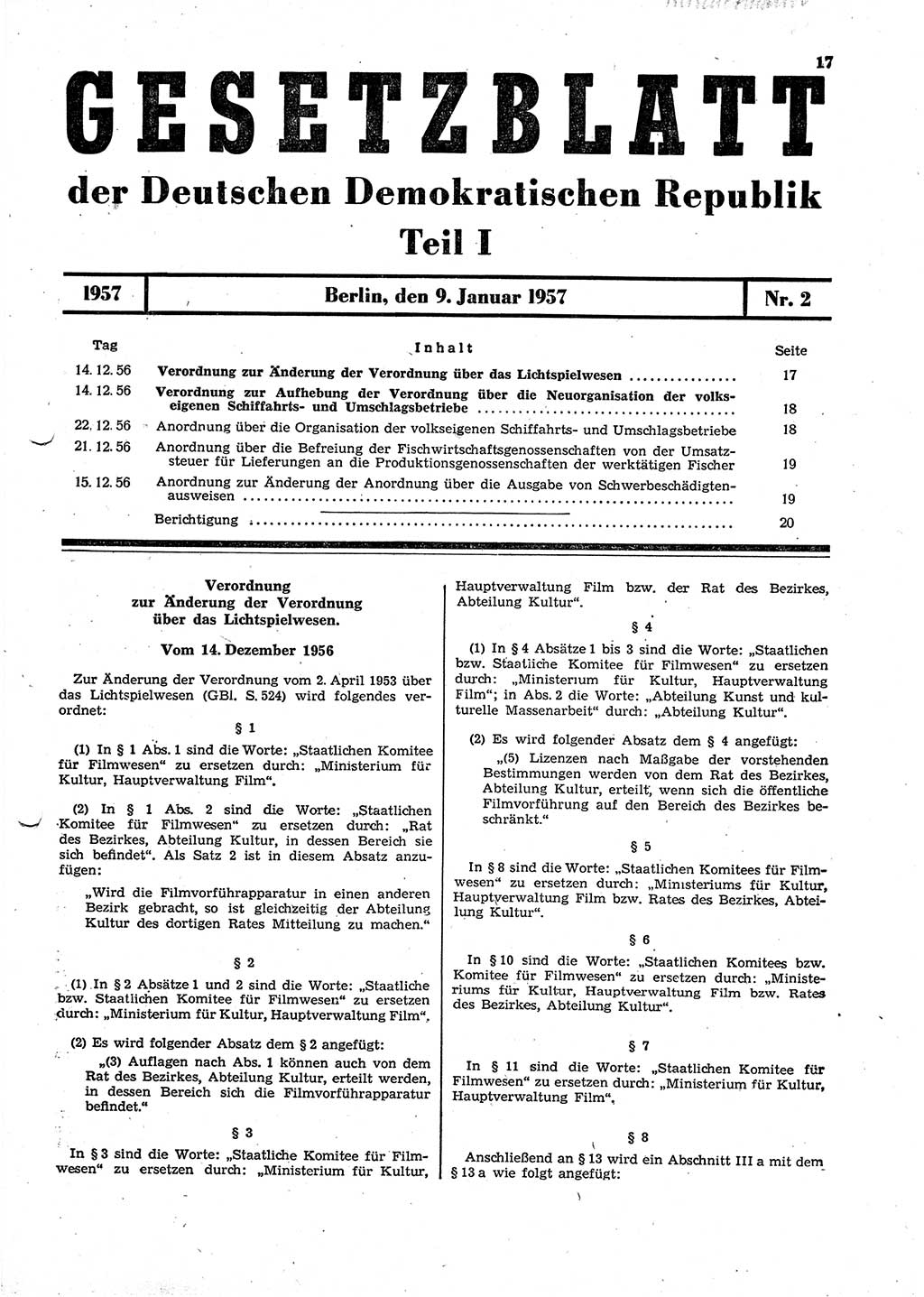 Gesetzblatt (GBl.) der Deutschen Demokratischen Republik (DDR) Teil Ⅰ 1957, Seite 17 (GBl. DDR Ⅰ 1957, S. 17)