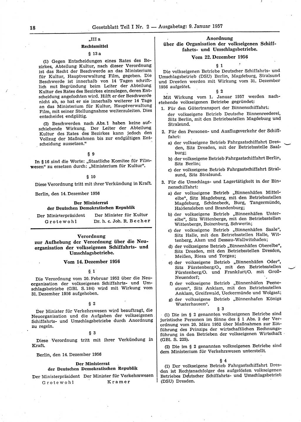 Gesetzblatt (GBl.) der Deutschen Demokratischen Republik (DDR) Teil Ⅰ 1957, Seite 18 (GBl. DDR Ⅰ 1957, S. 18)