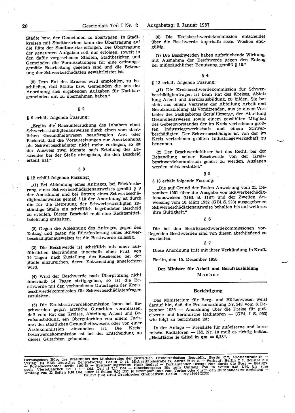 Gesetzblatt (GBl.) der Deutschen Demokratischen Republik (DDR) Teil Ⅰ 1957, Seite 20 (GBl. DDR Ⅰ 1957, S. 20)