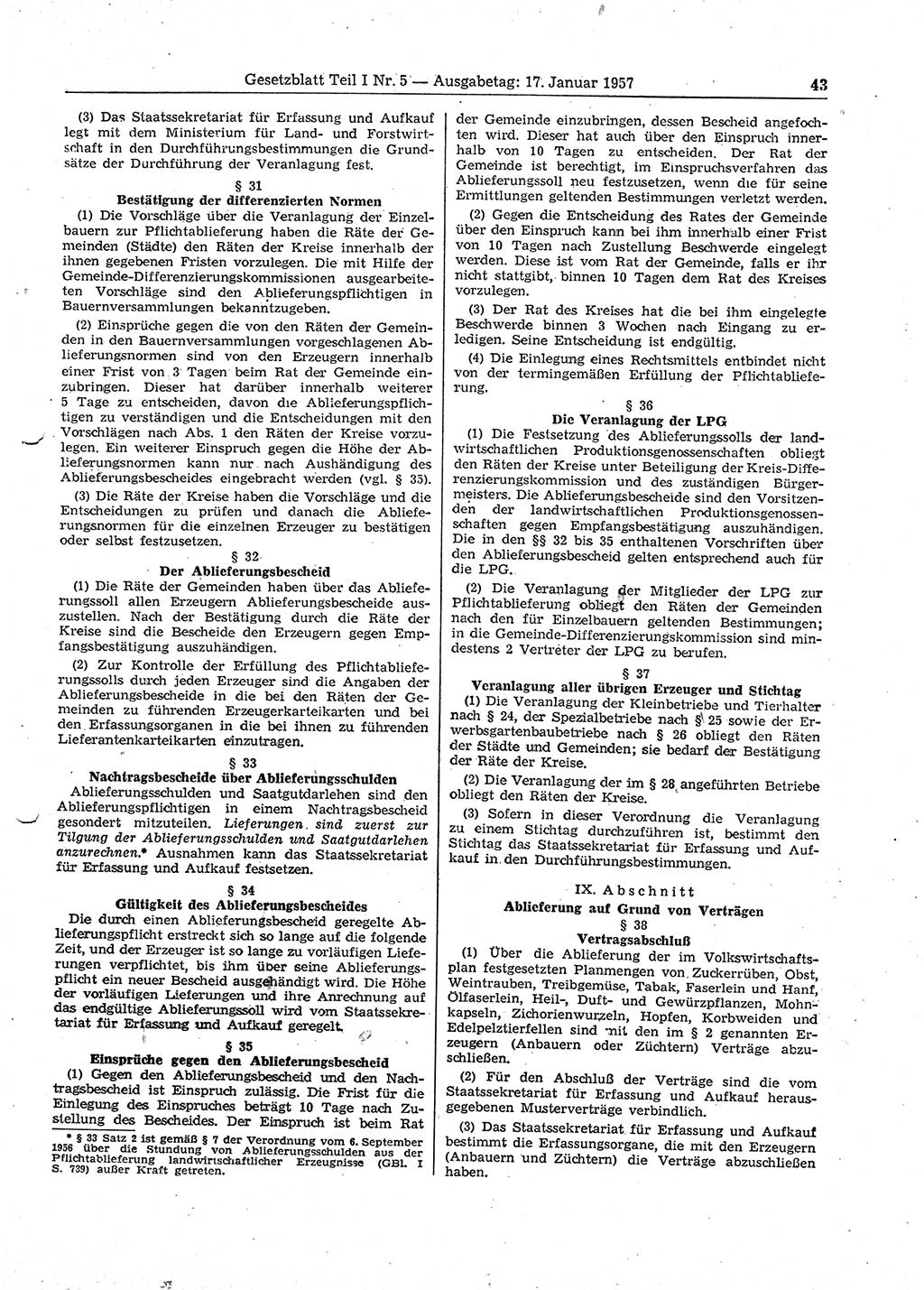 Gesetzblatt (GBl.) der Deutschen Demokratischen Republik (DDR) Teil Ⅰ 1957, Seite 43 (GBl. DDR Ⅰ 1957, S. 43)